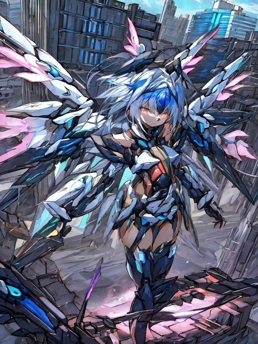 top-quality、ighly detailed、​masterpiece、ultra-detailliert、illustratio、((1girl in))、silber hair、length hair、Floating hair、、Cyber City、Neon building、(The upper part of the body:1.05)、extremely_Detailed_Eyes_And_Face,cybernetic wings mechanical wings、Random posture、Skyscraper、、Mechumusume、shrine maiden clothe,maid clothes、Random angles、anime styled,cowboy  shot