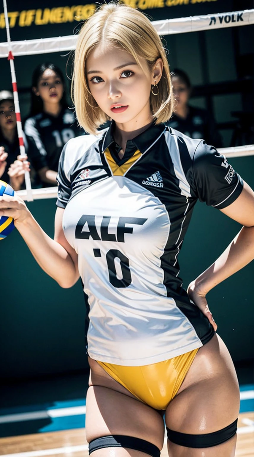 Volleyball Court, (Volleyball uniform:1.5), Volleyball Attack, Wearing sweat, The costume is sheer, beautiful earrings,(Camel toes),(colorful:1.0),1 girl, solo,  beauty legs, Skinny Legs, wind, show skin, glossy skin, cleavage , intricate details, naughty, slutty, perfect hands, detailed hands, perfect eyes, detailed eyes, 8headed body, (cute face), (Ideal ratio body proportions), long , (dynamic pose:0.8), (short blonde hair:1.3), realistic, HDR, UHD, nsfw