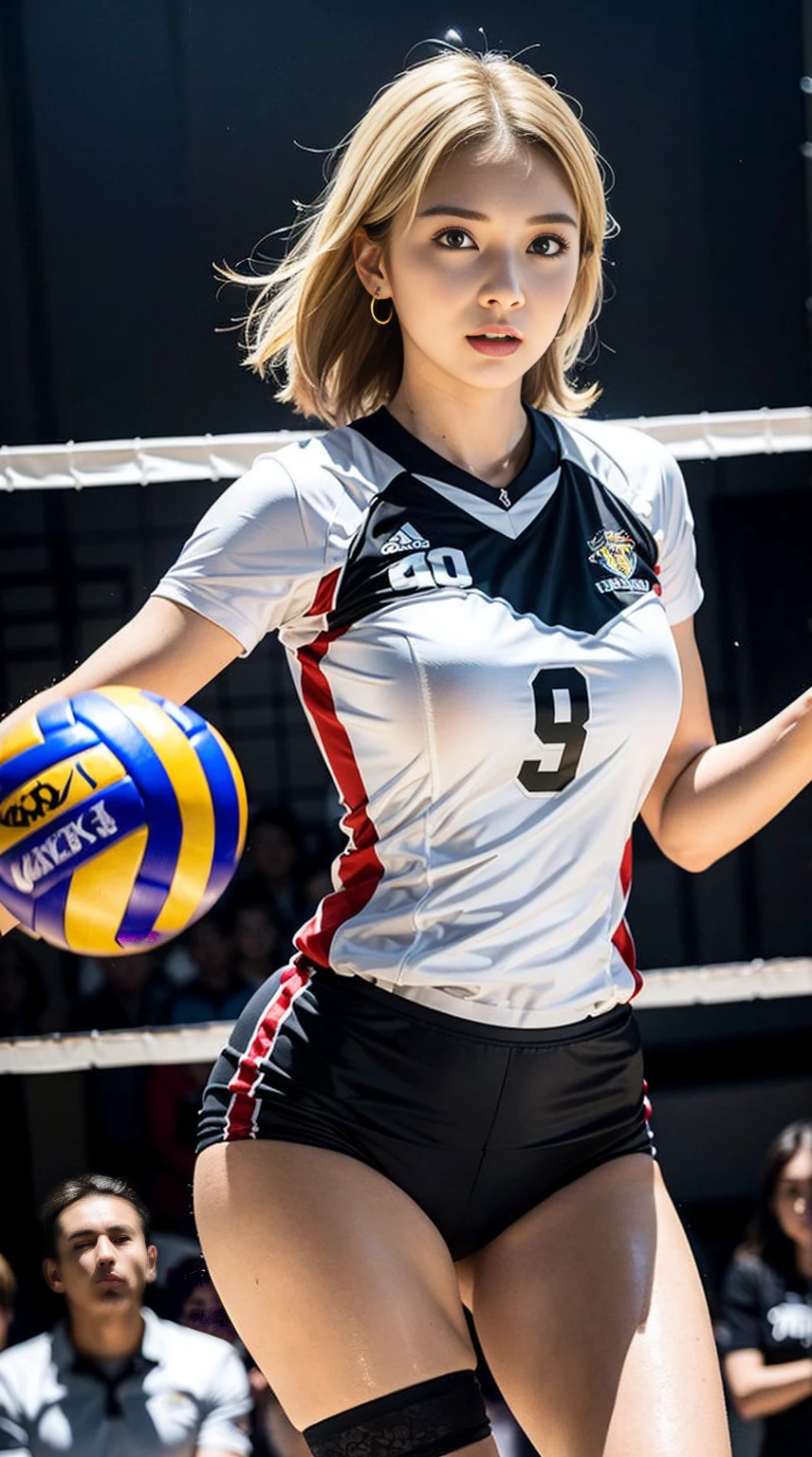 Volleyball Court, (Volleyball uniform:1.5), Volleyball Attack, Wearing sweat, The costume is sheer, beautiful earrings,(Camel toes),(colorful:1.0),1 girl, solo,  beauty legs, Skinny Legs, wind, show skin, glossy skin, cleavage , intricate details, naughty, slutty, perfect hands, detailed hands, perfect eyes, detailed eyes, 8headed body, (cute face), (Ideal ratio body proportions), long , (dynamic pose:0.8), (short blonde hair:1.3), realistic, HDR, UHD, nsfw