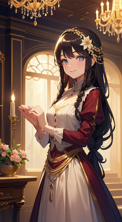 1girl, long brunette hair, french braid, flower hair ornament, smiling, looking at viewer, long intricate fancy dress, inside fancy mansion, chandelier, masterpiece, 8K, perfect lighting, perfect clothes, perfect anatomy, perfect eyes, perfect face, sharp resolution, cowboy shot