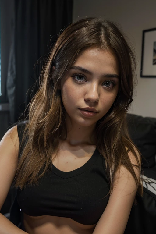 Mujer rubia posando en club nocturno con camiseta sin mangas y falda a juego, con ojos azules, Retrato Sophie Mudd, desenfoque backgroun, La mejor calidad, 1girll, Retrato de Corinna Kopf, cabello rubio y ojos grandes, selfie de una mujer joven, Maquillaje Orn, Maquillaje natural, looks directly at camera, cara con artgram, Maquillaje Decentus, Gran foto de cuerpo entero, Living in the room, Grande de pecho, rubio, latina