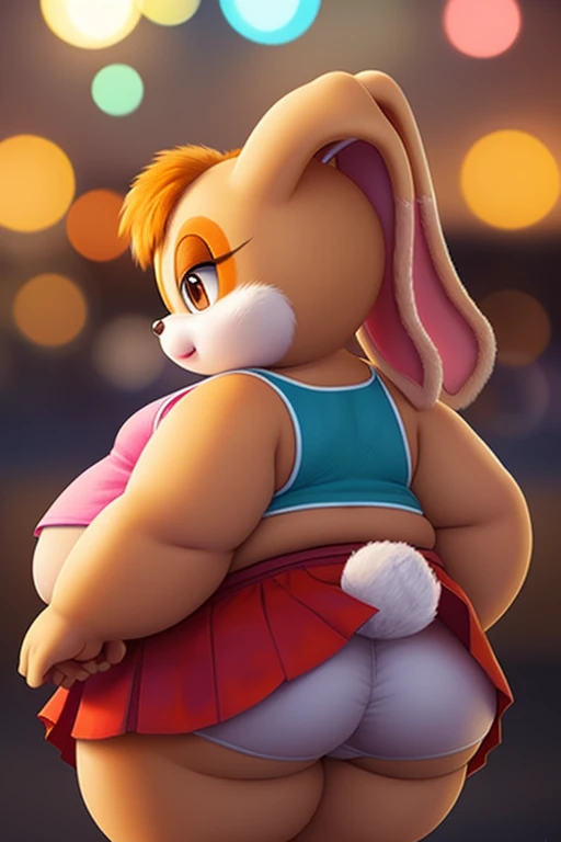 Cream the rabbit, , loli, extremelyailed eyes and face, long eyelashes, beautiful detailed lips, (morbidly obese), (very fat face), (double chin), huge belly, wide hips, huge butt, crop top, orange skirt, back view, upskirt white panties, oil painting, ultra-detailed, realistic:1.37, vivid colors, bokeh, portraits, pastel color palette, soft lighting.