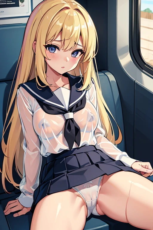 highly detailed, extremely detailed CG unity 8k wallpaper, illustration, highres, absurdres, highly detail, 8K, 1girl sit on the chair in the train, in skirt, open legs, show panties, nsfw, drop、Blonde hair、Longhaire、a sailor suit(white colors)、Sheer underwear、Sexy lingerie、My skin is wet and water is dripping、Nipples are see-through、Pants dig into the crotch、