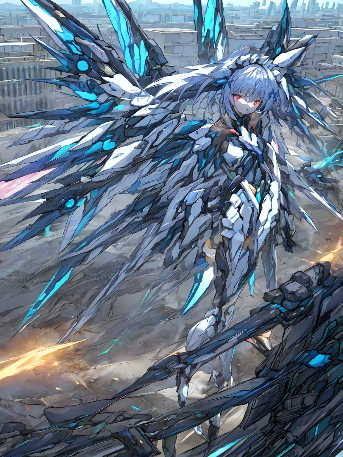 top-quality、ighly detailed、masterpiece、ultra-detailliert、illustratio、((1girl in))、silber hair、length hair、Floating hair、、Cyber City、Neon building、(The upper part of the body:1.05)、extremely_Detailed_Eyes_And_Face,cybernetic wings mechanical wings、Random posture、Skyscraper、、Mechumusume、shrine maiden clothe,maid clothes、Random angles、anime styled,cowboy shot