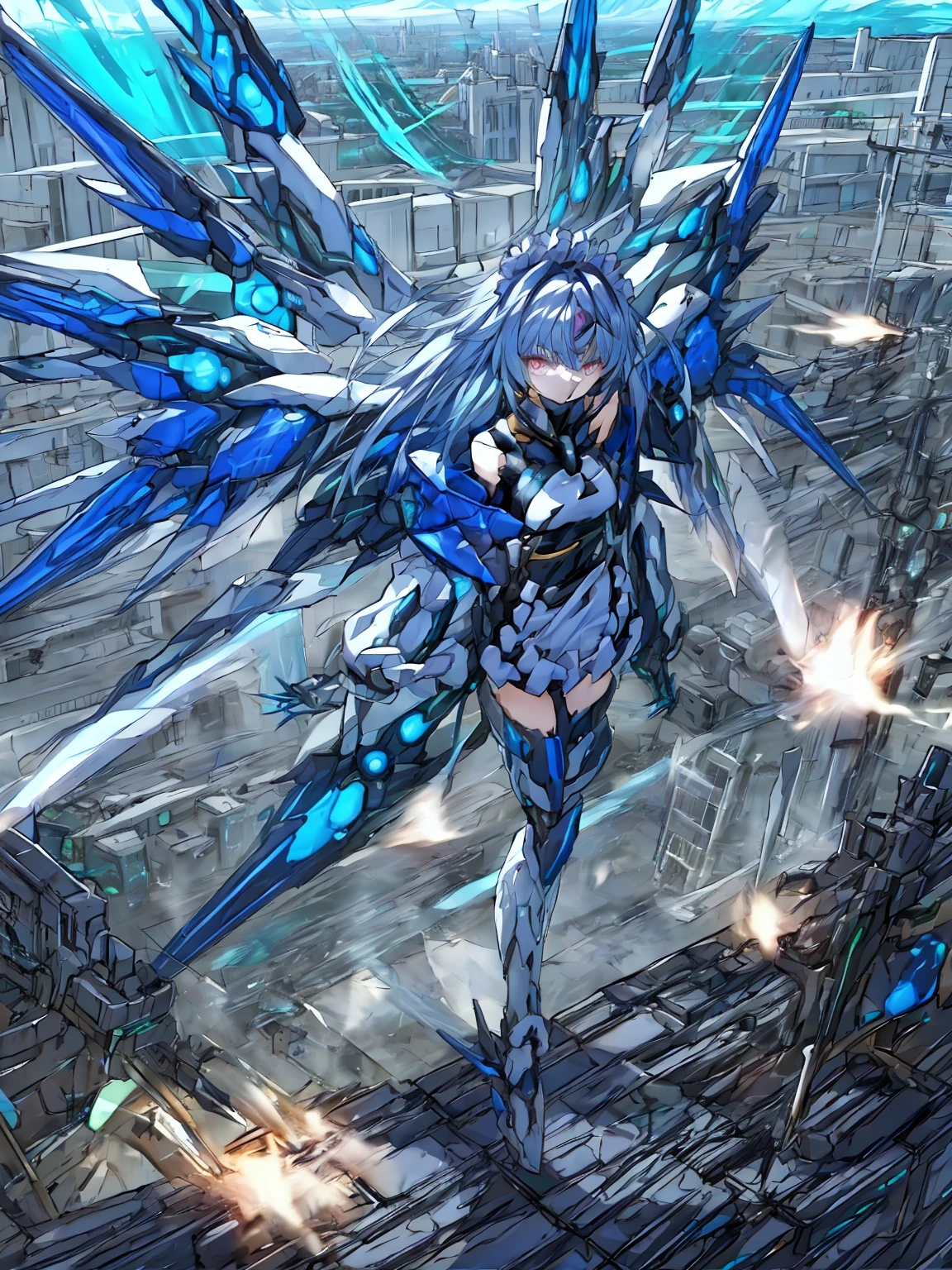 top-quality、ighly detailed、​masterpiece、ultra-detailliert、illustratio、((1girl in))、silber hair、length hair、Floating hair、、Cyber City、Neon building、(The upper part of the body:1.05)、extremely_Detailed_Eyes_And_Face,cybernetic wings mechanical wings、Random posture、Skyscraper、、Mechumusume、shrine maiden clothe,maid clothes、Random angles、anime styled,cowboy  shot