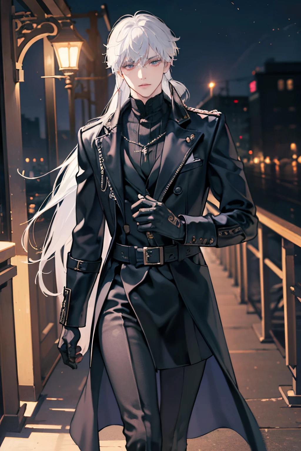 best quality, (RAW photo:1.2), (masterpiece:1.4), (highres:1.4), depth of field, intricately detailed, 8k, extremely detailed, perfect lighting, epic background, solo, super fine photo, portrait digital art Unreal Engine 5 8K UHD of a boy, concept art, character concept design, wearing black long leather coat with white shirt, leather gloves, black boots, long white hair, fantasy fashion design, walking in town, night time background, best quality, masterpiece, super detailed, sharp focus, male pose