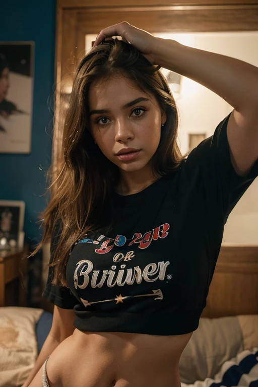 Mujer rubia posando en club nocturno con camiseta sin mangas y falda a juego, con ojos azules, Retrato Sophie Mudd, desenfoque backgroun, La mejor calidad, 1girll, Retrato de Corinna Kopf, cabello rubio y ojos grandes, selfie de una mujer joven, Maquillaje Orn, Maquillaje natural, looks directly at camera, cara con artgram, Maquillaje Decentus, Gran foto de cuerpo entero, Living in the room, Grande de pecho, rubio, latina