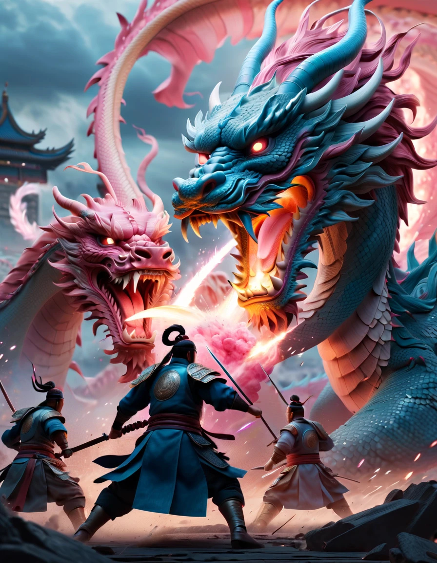 (top-quality, 8K, ?masterpiece:1.3) An intense scene depicting brave Chinese warriors engaged in a fierce battle against a colossal and traditional Chinese dragon,capsuled dragon 3 d art, stunning artwork, extremely high quality artwork, beautiful artwork, colorful hyperrealism, beeple colors, blue, pink, grey, the clash of swords and the dragon's fiery breath captured in a dynamic digital art style, highly detailed, with dramatic lighting illuminating the epic confrontation.