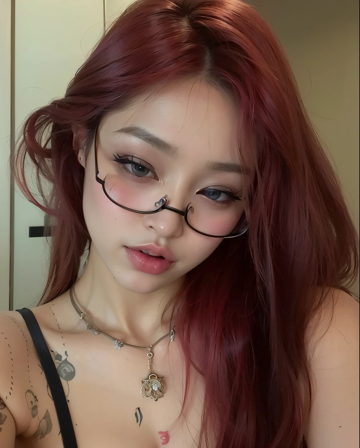 there is a woman with glasses and a necklace around her neck, cruel korean goth girl, Ulzzang, With eye Glasses, com cabelos longos e olhos penetrantes, cabelos tingidos de vermelho, com rosto redondo, com longos cabelos ruivos, wearing thin large round glasses, with square glasses, com cabelos ruivos, 1 7 - - old h girl, wearing small round glasses