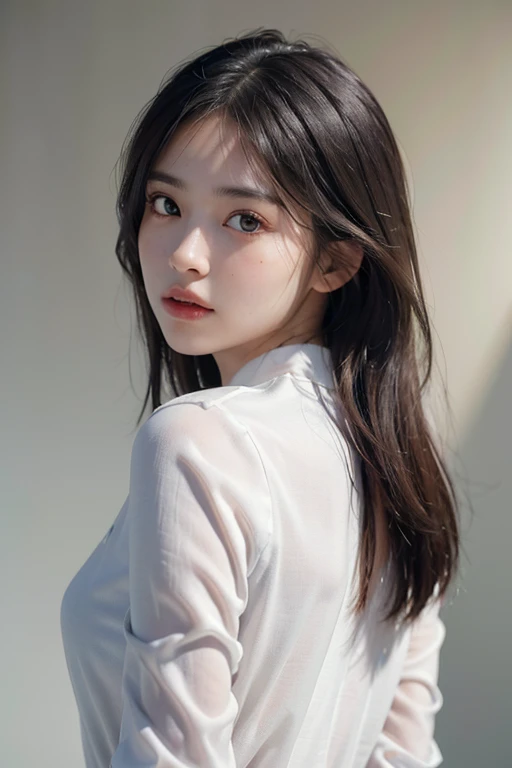 (Masterpiece: 1.3), (8k, Photorealistic, RAW Photo, Best Quality: 1.4), (1girl), Shallow depth of field, Face in focus, Soft focus, Beautiful face, (Backlight: 1.5), (Ambient: 1.3), (Realistic Face), (Black hair, Medium Short: 1.3), Hair with gentle waves, Hair that flutters and spreads in the wind, Short bangs, realistic eyes, dark brown pupils, highlights in pupils, beautiful detail eyes, (realistic skin), beautiful skin, (blouse with white collar), nothing blue-gray background, absurdity, attractive, ultra high resolution, ultra realistic, high definition, golden ratio