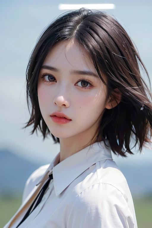 (Masterpiece: 1.3), (8k, Photorealistic, RAW Photo, Best Quality: 1.4), (1girl), Shallow depth of field, Face in focus, Soft focus, Beautiful face, (Backlight: 1.5), (Ambient: 1.3), (Realistic Face), (Black hair, Medium Short: 1.3), Hair with gentle waves, Hair that flutters and spreads in the wind, Short bangs, realistic eyes, dark brown pupils, highlights in pupils, beautiful detail eyes, (realistic skin), beautiful skin, (blouse with white collar), nothing blue-gray background, absurdity, attractive, ultra high resolution, ultra realistic, high definition, golden ratio