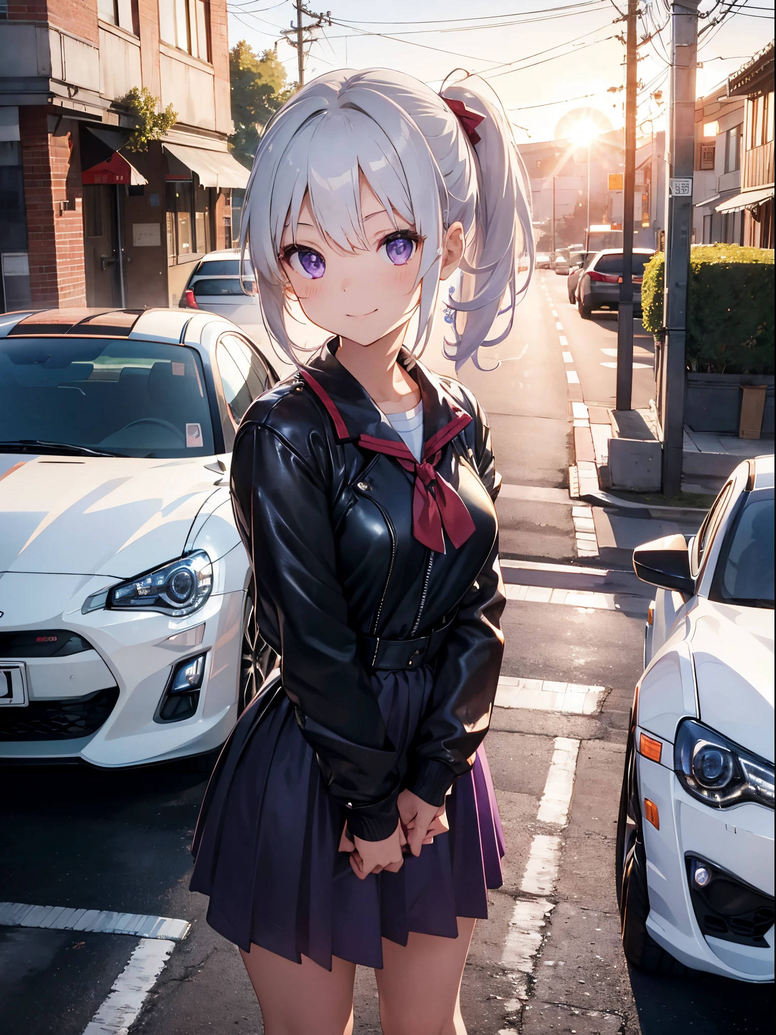 ​masterpiece、top-quality、white  hair、poneyTail、Light purple eyes、A smile、 Leaning on a vintage red Toyota 86、Sailor Mars with her arms crossed and a charming expression on her face。she is wearing a black leather jacket and high heels、The setting sun casts a warm glow on the scene。Camera Angle:medium shot