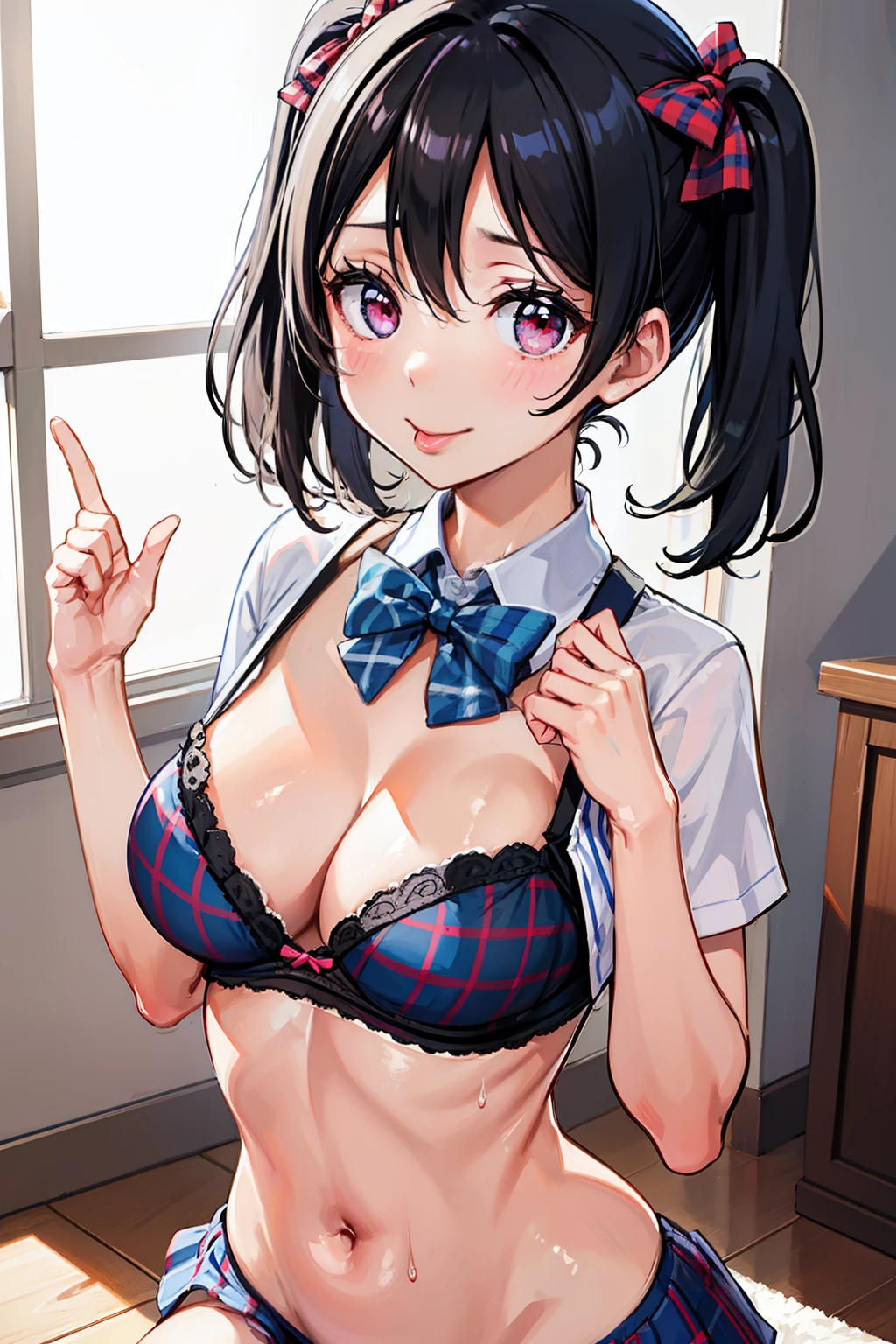 Solo, Delicate face, cleavage of the breast, Tartan check, Music room, Top angle, uniform, Light blue underwear, Sweat, Thin, With my mouth wide open, Tongue out, white yogurt for breast and tongue, White liquid all over the chest and tongue, Frontal shot, Woman with upper eyes,lovelive,NSFW,Niko Yazawa,grnades breasts,Grabbing,breast hold,Grab your own chest、Twin-tailed