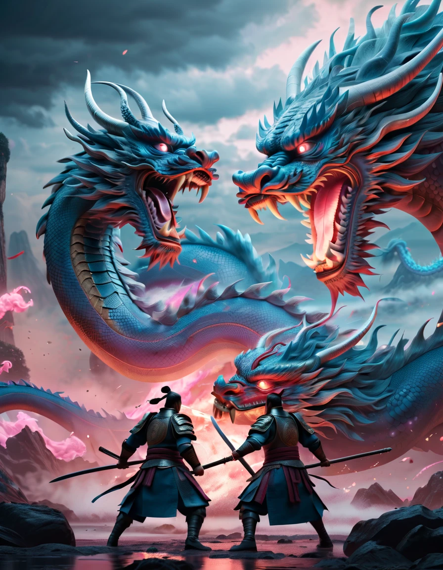 (top-quality, 8K, ?masterpiece:1.3) An intense scene depicting brave Chinese warriors engaged in a fierce battle against a colossal and traditional Chinese dragon,capsuled dragon 3 d art, stunning artwork, extremely high quality artwork, beautiful artwork, colorful hyperrealism, beeple colors, blue, pink, grey, the clash of swords and the dragon's fiery breath captured in a dynamic digital art style, highly detailed, with dramatic lighting illuminating the epic confrontation.