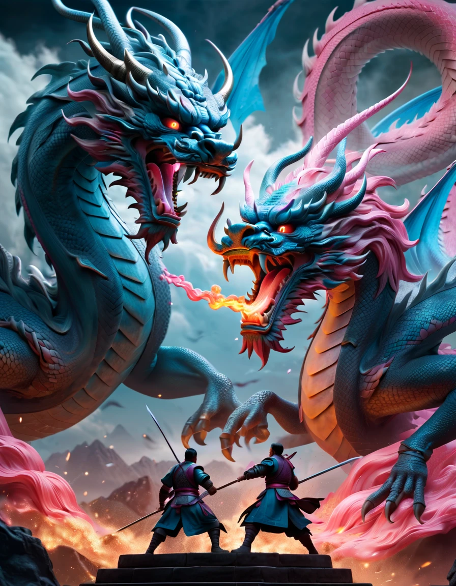 (top-quality, 8K, ?masterpiece:1.3) An intense scene depicting brave Chinese warriors engaged in a fierce battle against a colossal and traditional Chinese dragon,capsuled dragon 3 d art, stunning artwork, extremely high quality artwork, beautiful artwork, colorful hyperrealism, beeple colors, blue, pink, grey, the clash of swords and the dragon's fiery breath captured in a dynamic digital art style, highly detailed, with dramatic lighting illuminating the epic confrontation.
