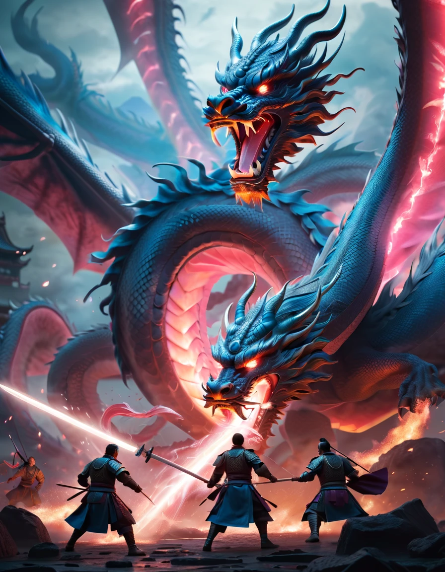 (top-quality, 8K, ?masterpiece:1.3) An intense scene depicting brave Chinese warriors engaged in a fierce battle against a colossal and traditional Chinese dragon,capsuled dragon 3 d art, stunning artwork, extremely high quality artwork, beautiful artwork, colorful hyperrealism, beeple colors, blue, pink, grey, the clash of swords and the dragon's fiery breath captured in a dynamic digital art style, highly detailed, with dramatic lighting illuminating the epic confrontation.