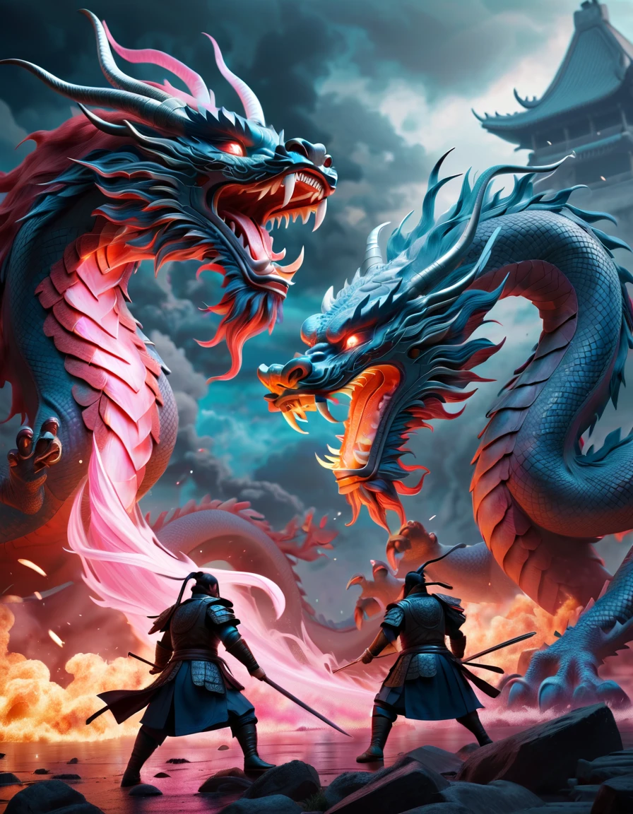 (top-quality, 8K, ?masterpiece:1.3) An intense scene depicting brave Chinese warriors engaged in a fierce battle against a colossal and traditional Chinese dragon,capsuled dragon 3 d art, stunning artwork, extremely high quality artwork, beautiful artwork, colorful hyperrealism, beeple colors, blue, pink, grey, the clash of swords and the dragon's fiery breath captured in a dynamic digital art style, highly detailed, with dramatic lighting illuminating the epic confrontation.
