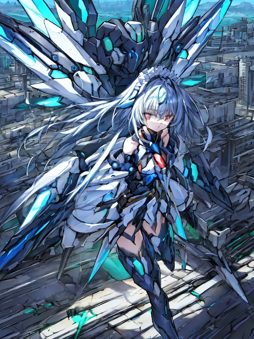 top-quality、ighly detailed、​masterpiece、ultra-detailliert、illustratio、((1girl in))、silber hair、length hair、Floating hair、、Cyber City、Neon building、(The upper part of the body:1.05)、extremely_Detailed_Eyes_And_Face,cybernetic wings mechanical wings、Random posture、Skyscraper、、Mechumusume、shrine maiden clothe,maid clothes、Random angles、anime styled,cowboy  shot