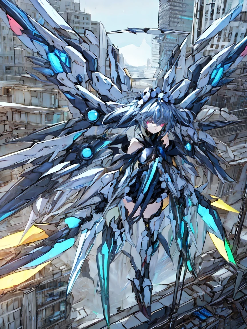 top-quality、ighly detailed、masterpiece、ultra-detailliert、illustratio、((1girl in))、silber hair、length hair、Floating hair、、Cyber City、Neon building、(The upper part of the body:1.05)、extremely_Detailed_Eyes_And_Face,cybernetic wings mechanical wings、Random posture、Skyscraper、、Mechumusume、shrine maiden clothe,maid clothes、Random angles、anime styled,cowboy shot