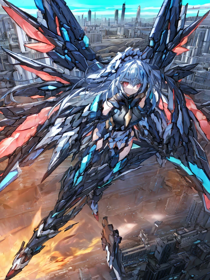 top-quality、ighly detailed、​masterpiece、ultra-detailliert、illustratio、((1girl in))、silber hair、length hair、Floating hair、、Cyber City、Neon building、(The upper part of the body:1.05)、extremely_Detailed_Eyes_And_Face,cybernetic wings mechanical wings、Random posture、Skyscraper、、Mechumusume、shrine maiden clothe,maid clothes、Random angles、anime styled,cowboy  shot