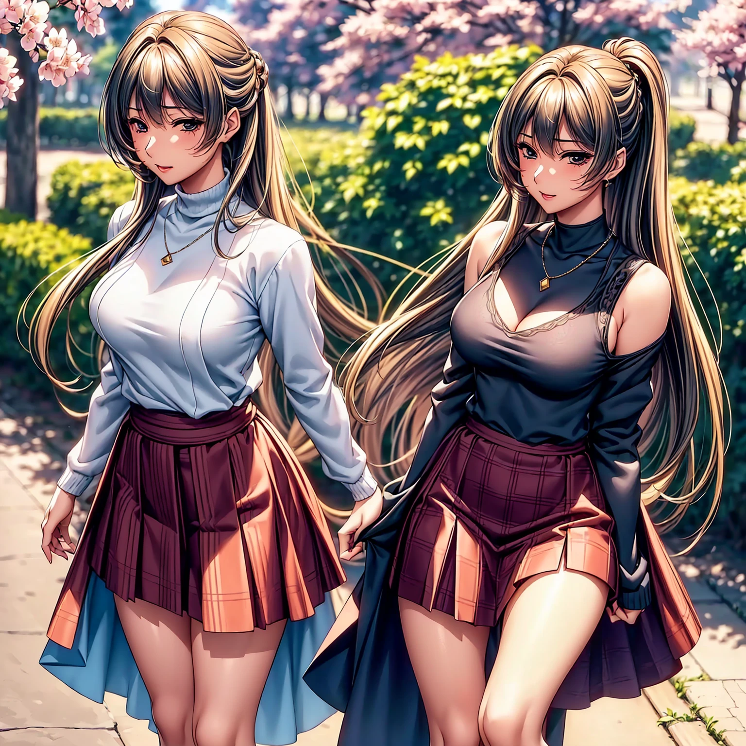 (top quality picture、masterpiece level、very high res、超A high resolution,High quality detailing)、(An 18-year-old beautiful girl with perfect and ultimate beauty..,beautiful breasts and figure,Beautiful body,美丽的面容,Strong-willed eyes:1.5)、(There are many variations of hairstyles,Bangs are neatly arranged,long straight hair on the side,Beautiful hair:1.2),lifelike textures,Beautiful colors,(Wear a colored sweater,Diamond necklace,Wearing a plaid pleated skirt,shoulders are exposed,I can see the cleavage:1.2),Have a bright smile,line of sight,Mouth opens,The wind is blowing(The wind blows and the skirt flaps 1.2),Hair flutters under the influence of the wind,Beautiful park,A path lined with flourishing cherry blossom trees,Beautiful Landscapes,(The whole body,thigh visible,accurate anatomy、extremely detailed picture、Accurate images、Perfect Image 1.5)、beautiful anime woman, Beautiful Art Style, an animated character、(The whole picture、Detailed picture、Defect-free images、natural soft light、beautiful image),(Best Shot 1.2)