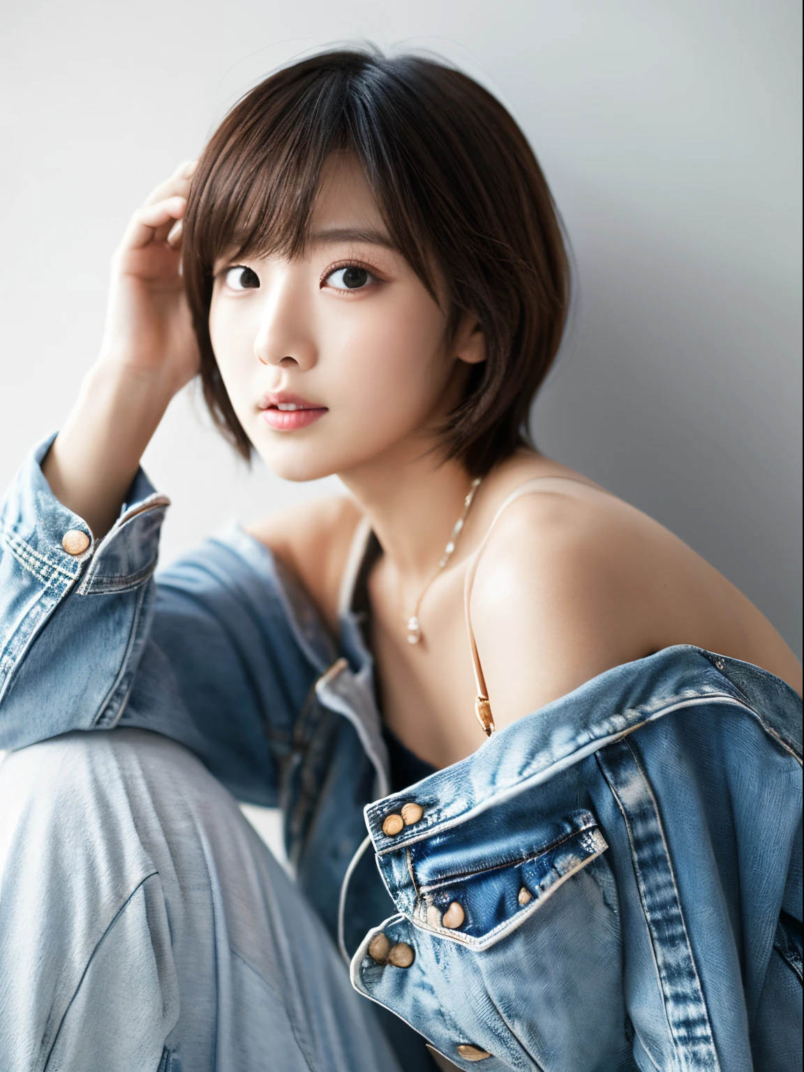 ((masutepiece,top-quality)), (photographrealistic:1.4),((masutepiece,8K)),hight resolution,Studio Soft Light, Rim Lights, vibrant detail, realistic skin textures,Japanese, 1 beautiful woman, Short hair, Wave hair, faint thin bangs, make - up, 38 years, Detailed skin, Denim jacket, wide-leg pants, Standing, White background, White Room,white walls, fully body photo, Looking at Viewer