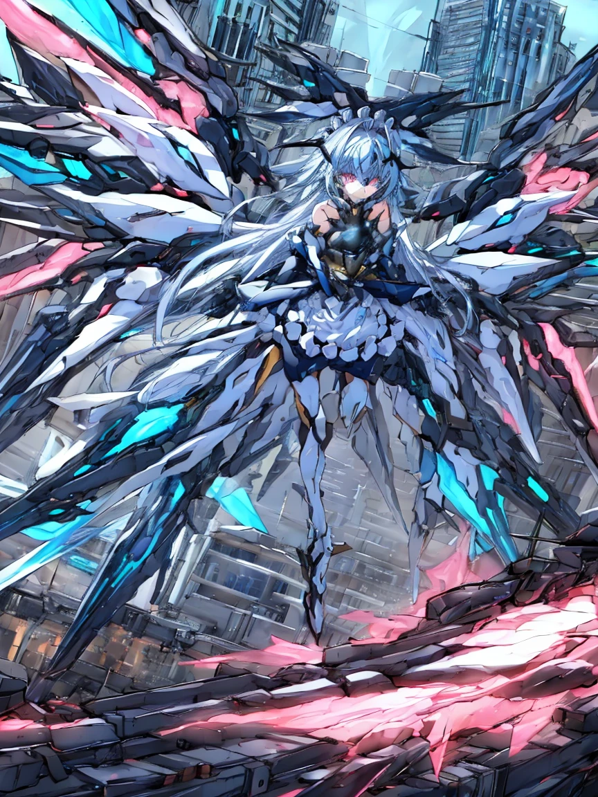 top-quality、ighly detailed、​masterpiece、ultra-detailliert、illustratio、((1girl in))、silber hair、length hair、Floating hair、、Cyber City、Neon building、(The upper part of the body:1.05)、extremely_Detailed_Eyes_And_Face,cybernetic wings mechanical wings、Random posture、Skyscraper、、Mechumusume、shrine maiden clothe,maid clothes、Random angles、anime styled,cowboy  shot