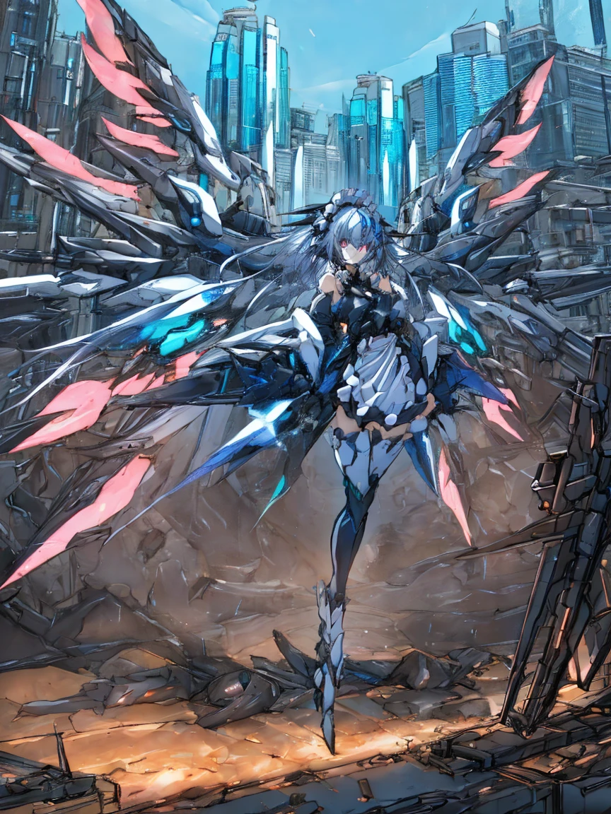 top-quality、ighly detailed、masterpiece、ultra-detailliert、illustratio、((1girl in))、silber hair、length hair、Floating hair、、Cyber City、Neon building、(The upper part of the body:1.05)、extremely_Detailed_Eyes_And_Face,cybernetic wings mechanical wings、Random posture、Skyscraper、、Mechumusume、shrine maiden clothe,maid clothes、Random angles、anime styled,cowboy shot