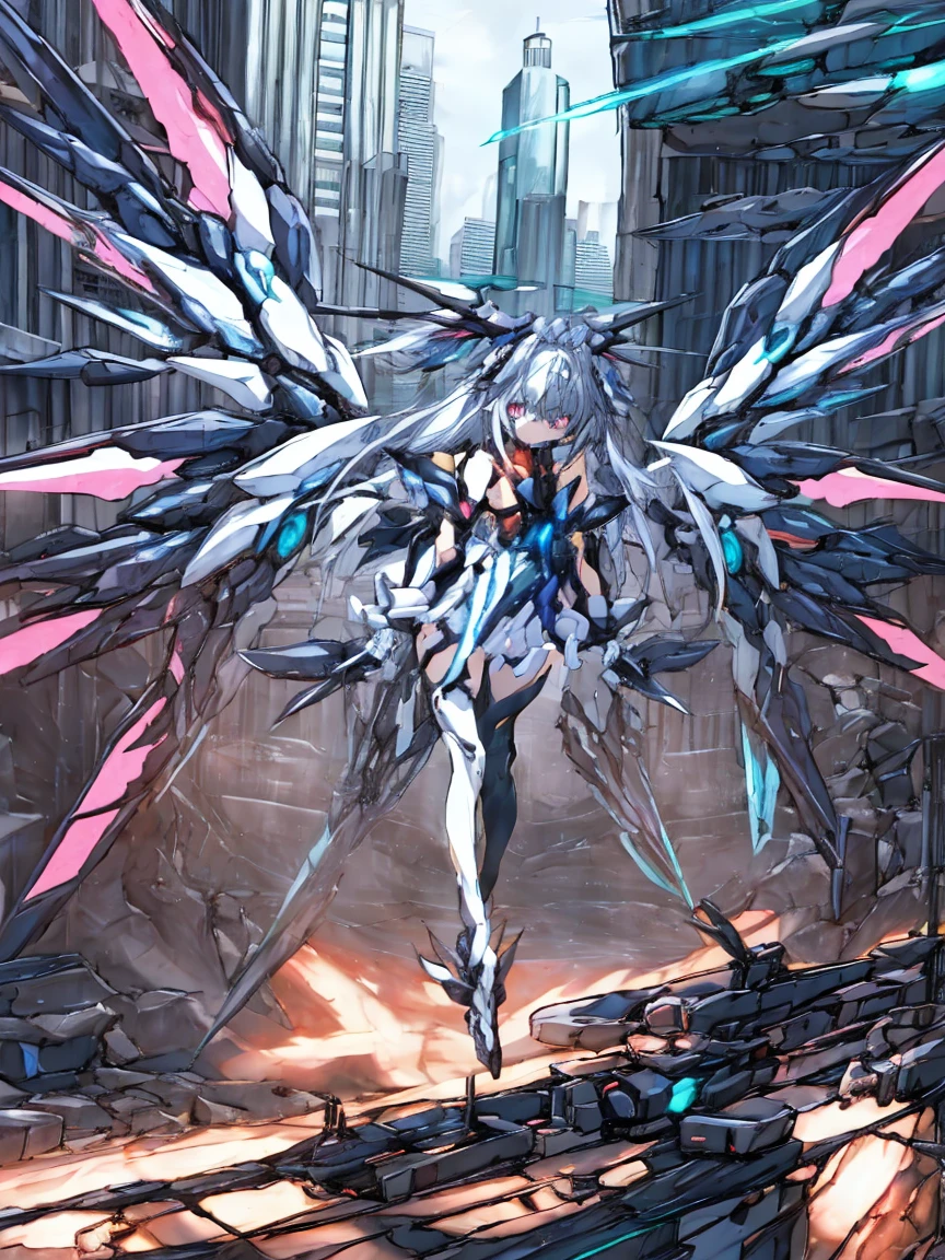 top-quality、ighly detailed、​masterpiece、ultra-detailliert、illustratio、((1girl in))、silber hair、length hair、Floating hair、、Cyber City、Neon building、(The upper part of the body:1.05)、extremely_Detailed_Eyes_And_Face,cybernetic wings mechanical wings、Random posture、Skyscraper、、Mechumusume、shrine maiden clothe,maid clothes、Random angles、anime styled,cowboy  shot