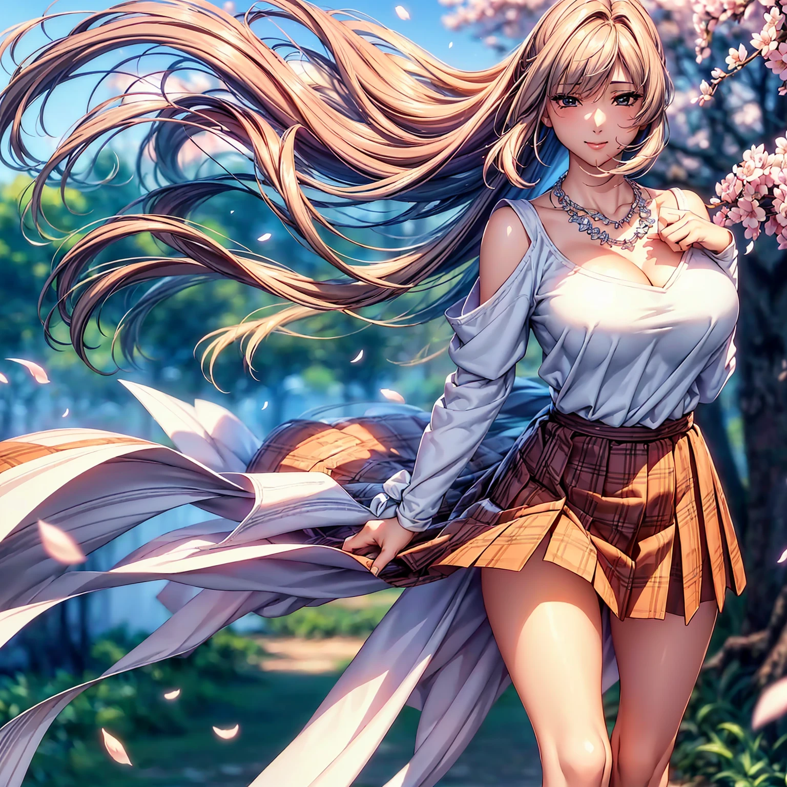 (highest quality、masterpiece、very high resolution、ultra high resolution.High-quality detail)、(A woman with perfect and ultimate beauty:18-year-old,bright smile,beautiful body、beautiful face)、(There are many variations of hairstyles,The bangs are neatly arranged,Long straight side hair,beautiful hair quality),(Beautiful breasts with a slender body shape:F cup,beautiful hair texture,Beautiful skin texture,Lifelike textures,Beautiful colors),(Wear a sweater,diamond necklace,Wearing a plaid pleated skirt,shoulders are exposed,I can see the cleavage:1.2),(A path lined with flourishing cherry blossom trees,Cherry blossoms fall,beautiful scenery),(the wind is blowing,The wind blows and my skirt flaps,The wind blows and the hair flutters,sight,mouth opens 1.2)(whole body,I can see my thighs,accurate ???????、highly detailed images、accurate image、Perfect Image 1.5)、beautiful anime woman, beautiful art style, anime character、(Overall image、Image without defects、natural soft light、beautiful images),(best shot,RAW photo 1.2)
