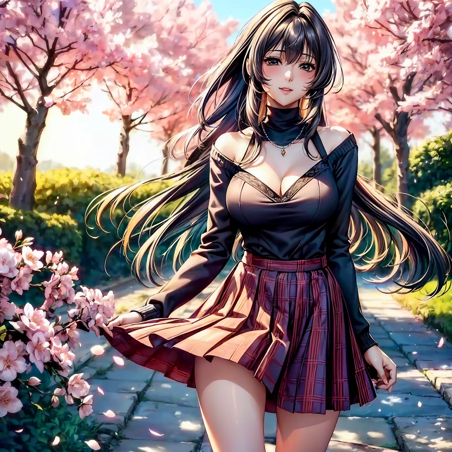 (top quality picture、masterpiece level、very high res、超A high resolution,High quality detailing)、(An 18-year-old beautiful girl with perfect and ultimate beauty..,beautiful breasts and figure,Beautiful body,美丽的面容,Strong-willed eyes:1.5)、(There are many variations of hairstyles,Bangs are neatly arranged,long straight hair on the side,Beautiful hair:1.2),lifelike textures,Beautiful colors,(Wear a colored sweater,Diamond necklace,Wearing a plaid pleated skirt,shoulders are exposed,I can see the cleavage:1.2),Have a bright smile,line of sight,Mouth opens,The wind is blowing(The wind blows and the skirt flaps 1.2),Hair flutters under the influence of the wind,Beautiful park,A path lined with flourishing cherry blossom trees,Beautiful Landscapes,(The whole body,thigh visible,accurate anatomy、extremely detailed picture、Accurate images、Perfect Image 1.5)、beautiful anime woman, Beautiful Art Style, an animated character、(The whole picture、Detailed picture、Defect-free images、natural soft light、beautiful image),(Best Shot 1.2)