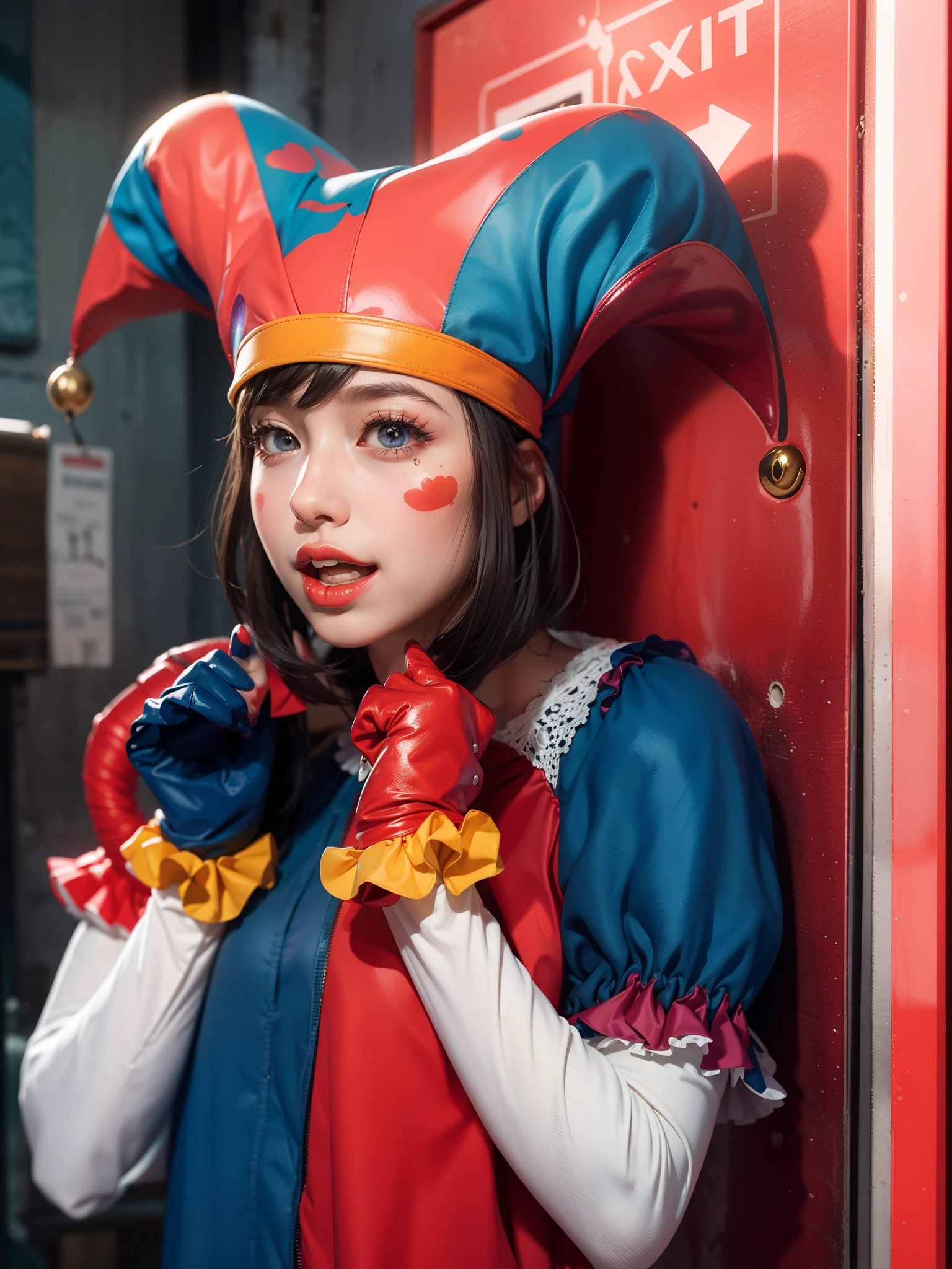 Clown girl with cute, glossy costume in red, blue, yellow, and white. she standing standing close red door, red door, Her outfit shines under the spotlight, reflecting a playful and vibrant atmosphere. Her hair impeccably styled, with a glossy finish that adds to her charm. Her facial expression radiates fear. Her eyes, delicate and detailed, sparkle with excitement. Her lips, beautifully shaped, add a touch of sweetness to her overall appearance. The image of the highest quality, ensuring every detail showcased perfectly. It in 4k resolution, allowing viewers to immerse themselves in the richness of the colors and intricate details. The realistic rendering brings the clown girl to life, her feel tangible and present in the artwork. The background dark, creating a contrasting backdrop that accentuates the girl's vibrant presence. The subtle rim light highlights the contours of her figure, adding depth and dimension to the composition. This artwork combines the elements of a clown girl, glossy costume, beautiful hair, red door, high-resolution image, realistic rendering, dark background, and rim light. The result a visually captivating piece that captures the essence of joy and whimsy, inviting viewers into a world of enchantment and laughter.