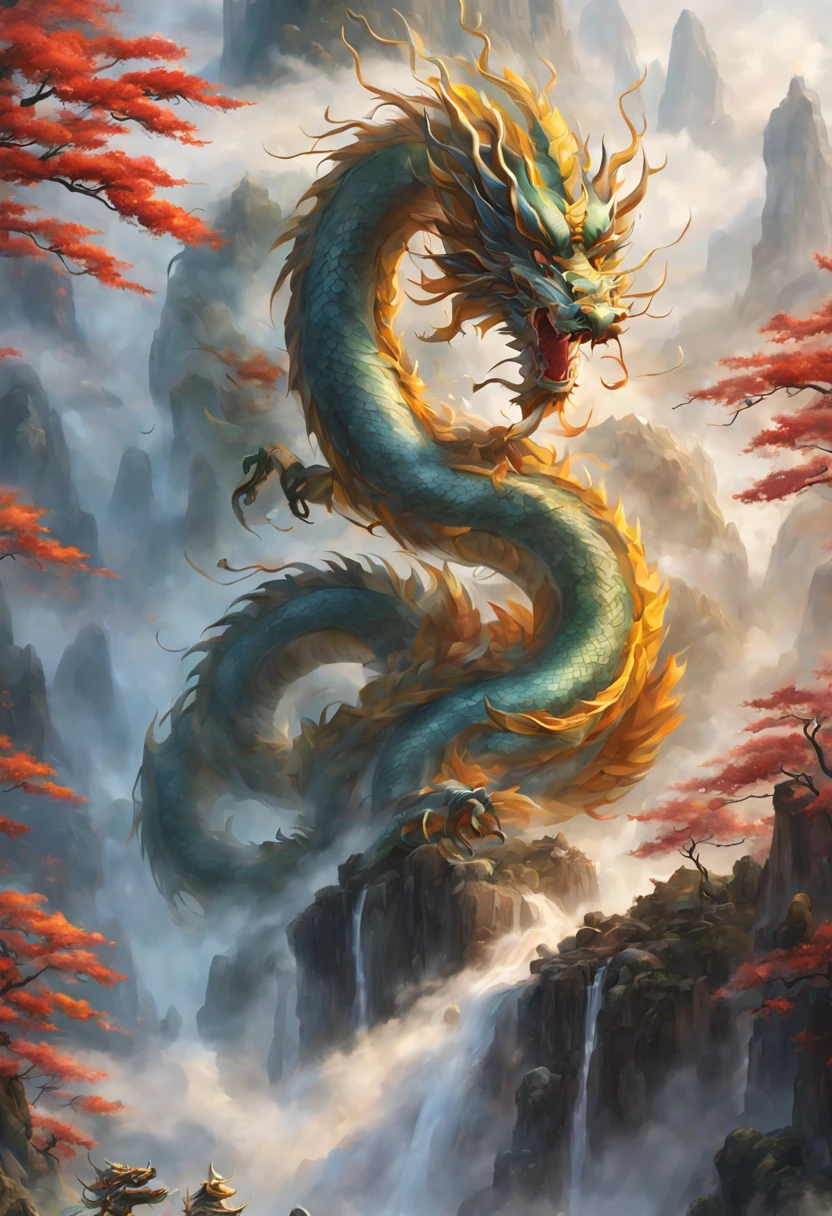 Oriental mythology, Chinese Oriental Dragon, Cloud, wind, (fog color Shuangjiao), waterfall, (long stream), (floating), dynamic Angle, ultra HD wallpaper, spirit feeling, good luck, blessing atmosphere, intricate, (best quality, masterpiece, Representative work, official art, Professional, unity 8k wallpaper:1.3)