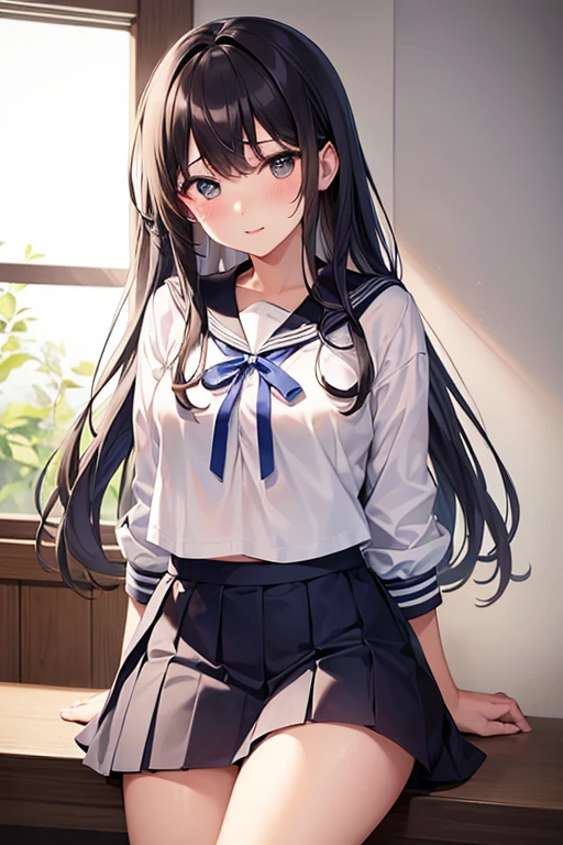 hi-school girl、(White sailor suit、a black pleated skirt、Blue ribbon、perspiring、Wet)A dark-haired、Longhaire、Brown eyes、Beautiful udder、Photorealsitic、octane renderings、full bodyesbian、Shyness、Shy laughter、Classroom、rain is falling、Best Quality ,masutepiece,blush,make - up, shinny skin,realistic skin textures,