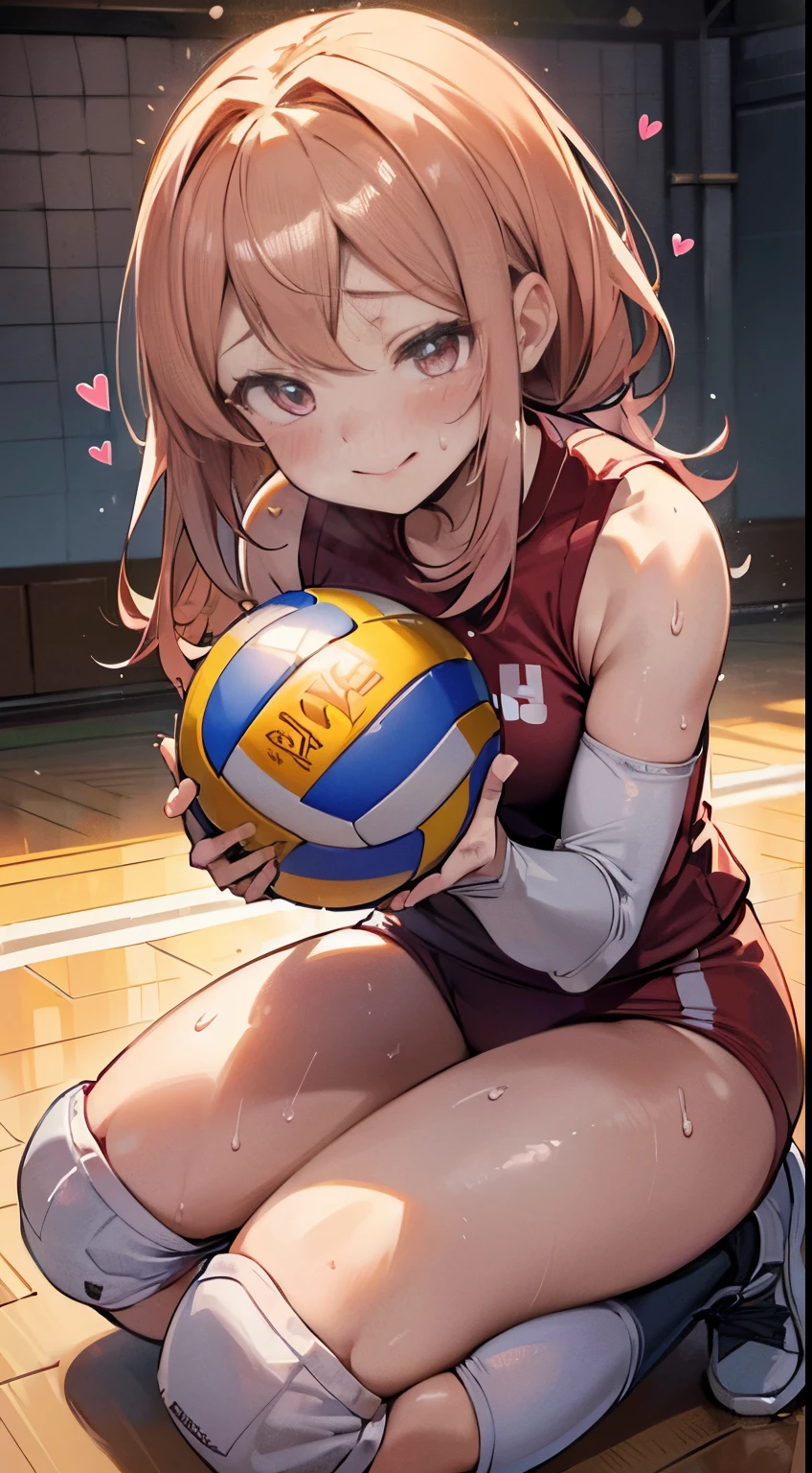 (((masterpiece))), (((best quality))), (((ultra detailed))), (((high-resolution))), ((super fine illustration)), ((Ultimate cutie)), detailed beautiful face, shiny hair, (gyaru), (medium breasts), (((solo))), ((drunken eyes)), ((seductive smile)), ((embarrassed expression)), (((blush))), half open mouth, ((female volleyball player)), BREAK, (((sit astride the Beautiful spherical shape 6-inch volleyball))), (((straddling on the Beautiful spherical shape 6-inch volleyball))), (((crotch on the Beautiful spherical shape 6-inch volleyball))), (((Rub the Beautiful spherical shape 6-inch ball against crotch)))), BREAK, (((buruma))), (Volleyball Uniform), (sleeveless volleyball uniform), (kneepad), (elbow pad), ((love juice stain)), (bare Hands), ((sweat)), ((covered in sweat)), (breath), in Volleyball Court, in gymnasium, lighting, looking at viewer, full body, (spoken heart)