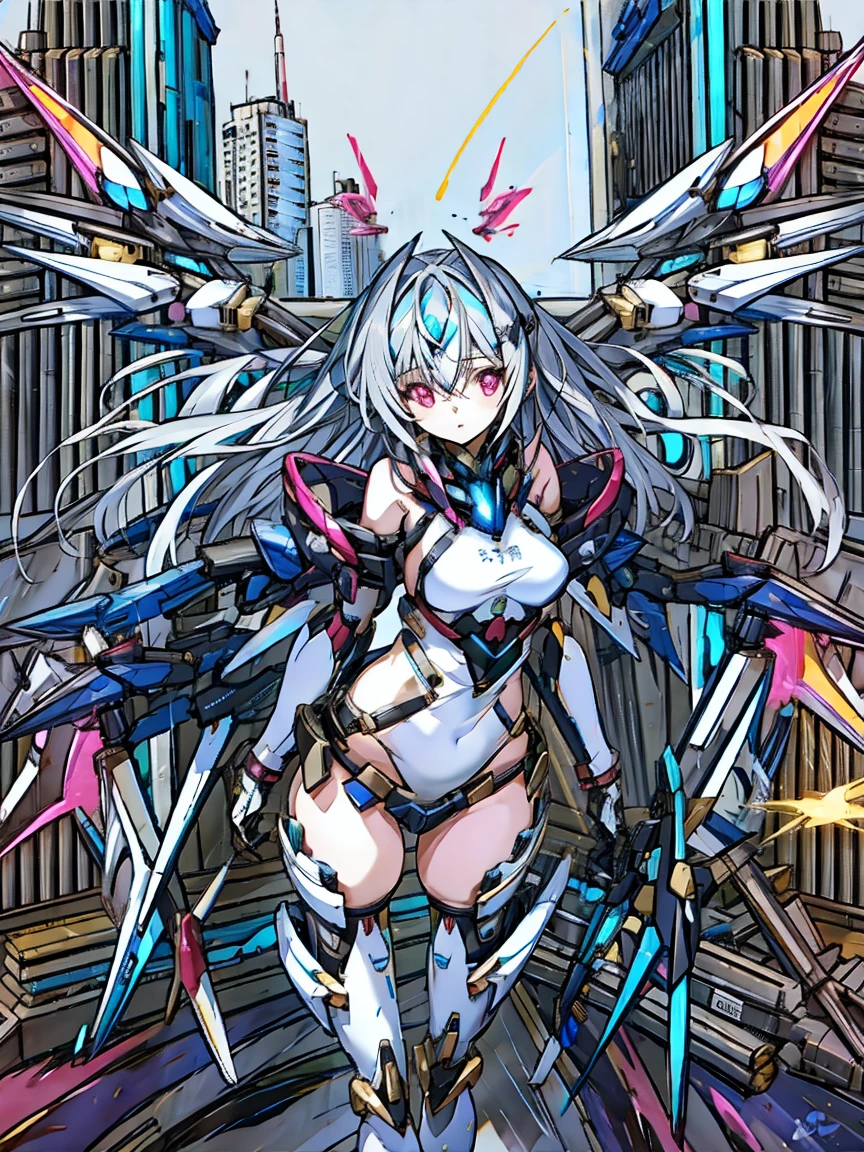 top-quality、ighly detailed、masterpiece、ultra-detailliert、illustratio、((1girl in))、silber hair、length hair、Floating hair、、Cyber City、Neon building、(The upper part of the body:1.05)、extremely_Detailed_Eyes_And_Face,cybernetic wings mechanical wings、Random posture、Skyscraper、、Mechumusume、shrine maiden clothe,maid clothes、Random angles、anime styled,cowboy shot