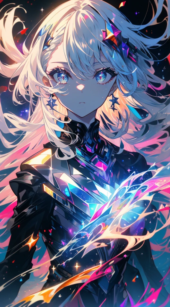 (((8k wallpaper of extremely detailed CG unit, ​masterpiece, hight resolution, top-quality))), ((Beautuful Women, white  hair, Shiny hair, Model-like posture)), ((extra detailed face, Highly detailed black eyes, extra detailed body, Top quality real texture skins)), (beautiful anime eye, Beautiful detailed eyes, Sparkling eyes, different colored eyes, Red Eyes, Blue eyes, de pele branca,), (nigh sky, Galaxy, nebulas), hyper realisitic, digitial painting,