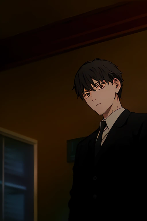 1male, bara, short_hair, Black Hair, A faint smile., olhando_Stelle_audience, messy hair, shirt, long_sleeves, holding, closed_mouth, jacket, red_eye, white_shirt, upon_body, black_hair, necktie, collared_shirt, trousers, indoors, Medium_hair, black_jacket, white_eye, black_trousers, formal, Suit, black_necktie, office_, loud_eye, business_Suit, cross_weapons