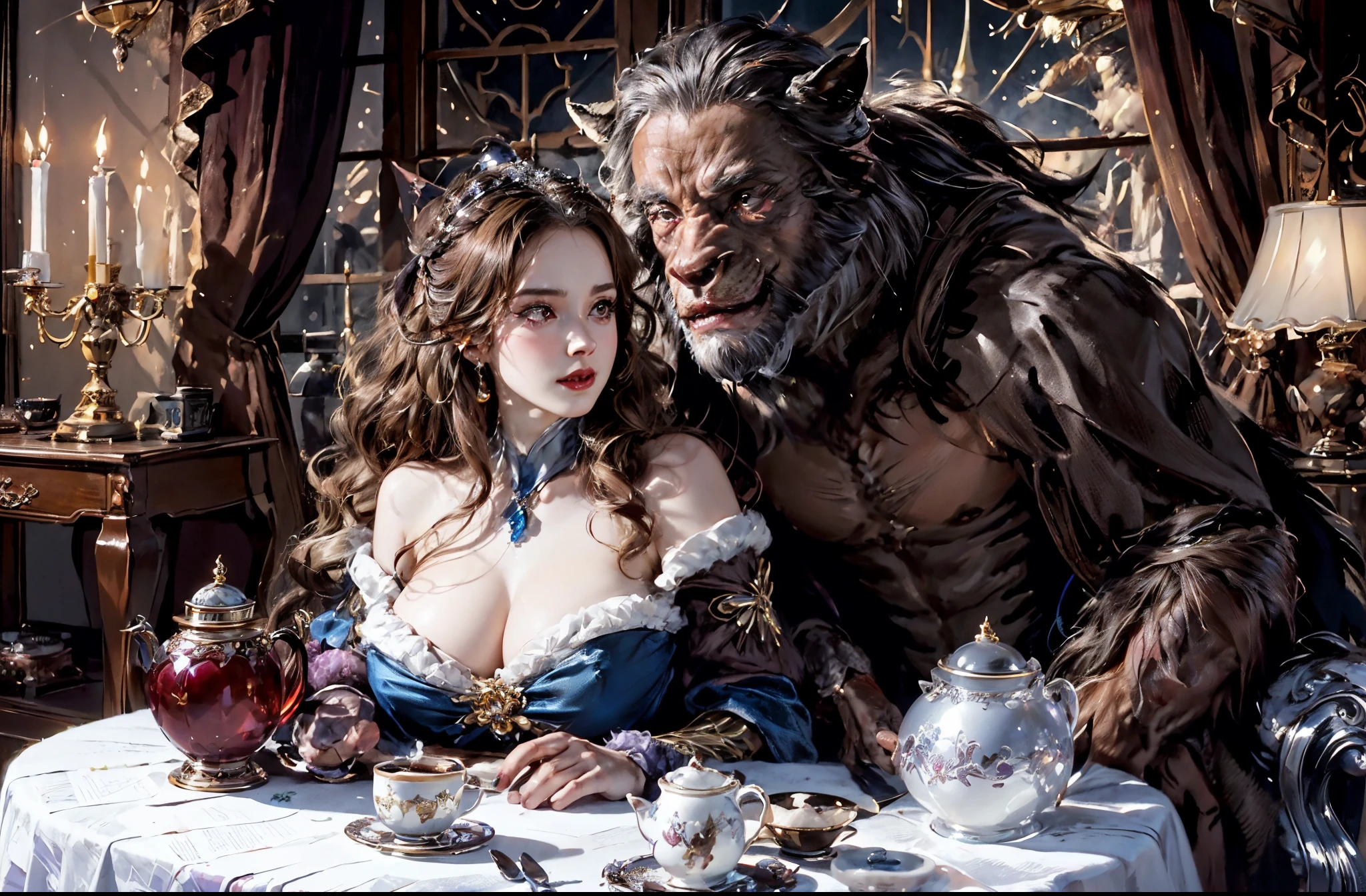 araffe and a woman dressed as a beast and a woman dressed as a woman, beauty and the beast, wlop and andrei riabovitchev, wlop and ross tran, glamourous , ross tran and wlop, wlop and artgerm, artgerm and wlop, wlop and sakimichan, cgsociety masterpiece