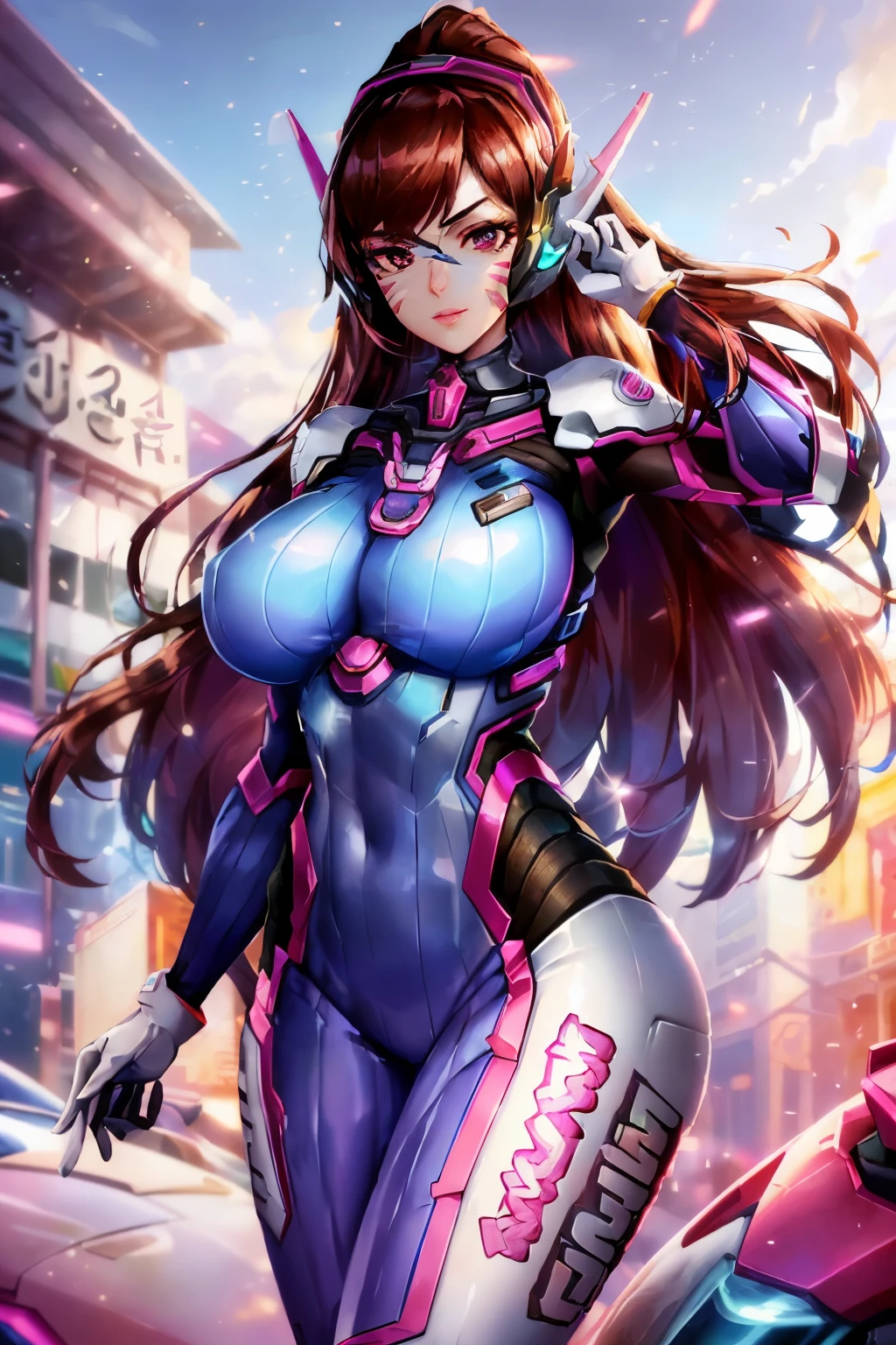 (masterpiece, best quality, ultra detailed, absurdres)1.5, 1girl, (sexy, beautiful woman, perfect face, perfect eyes, perfect female body, huge breasts)1.5, (dvaover, d.va \(overwatch\), long hair, brown hair, swept bangs, headphones, blue bodysuit, ribbed bodysuit, pilot suit, bunny print, v, whisker markings, facepaint, white gloves, facial mark, pink lips, high collar, shoulder pads, ), (standing, meverwatch\), robot, science fiction, Korean city in background, night sky), perfect lighting, smooth, hdr