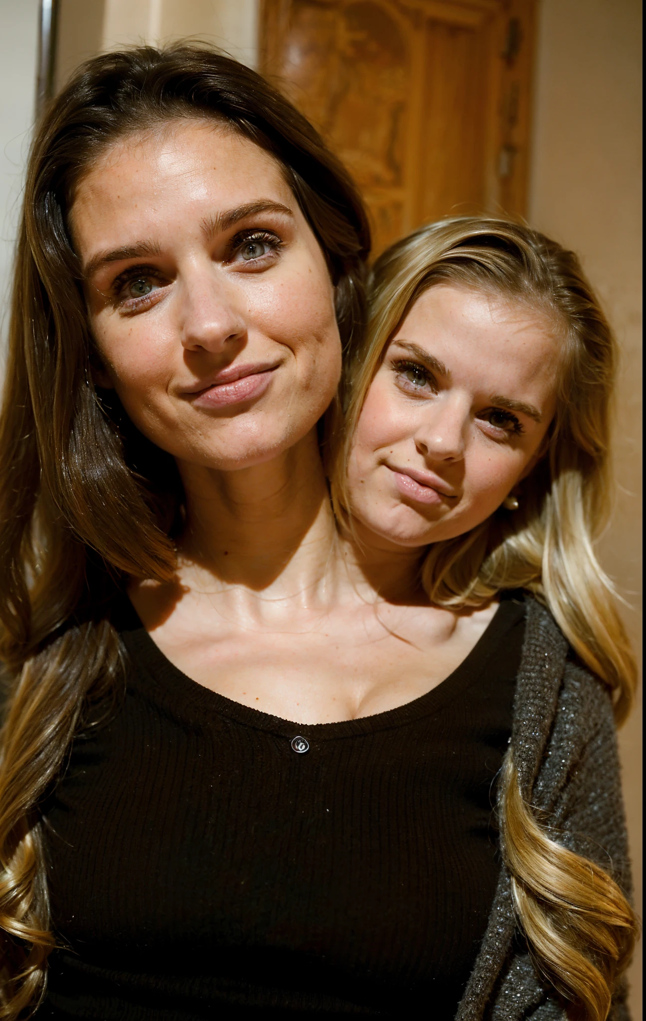 2heads, two headed girl, (a 30 year old brunette woman and a 12 year old blonde girl:1.5), (female:1.5)