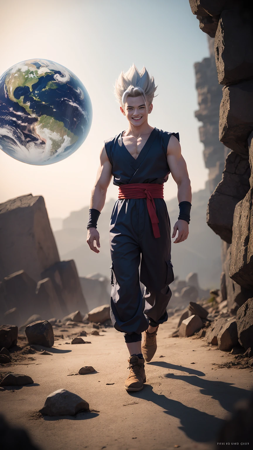 masterpiece, best quality, ultra-detailed, Gohan 1boy, solo, Full body, evil smile, grey hair, spiked hair, red eyes, dougi, full body, looking at viewer, male focus, earth \(planet\), planet, space, cracked ground and rocks rising up, rubble rising,