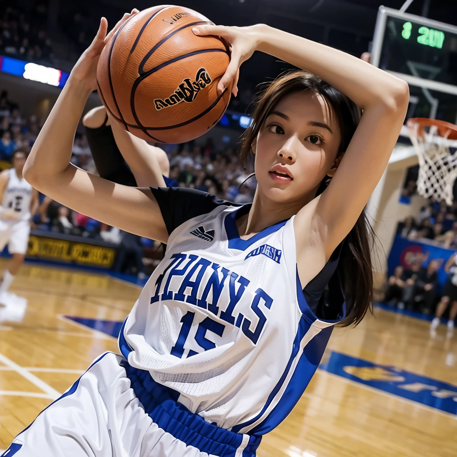 masterpiece, best quality:1.2), solo, 1girl, sweating, girl with basketball jersey, girl playing basketball, muscle