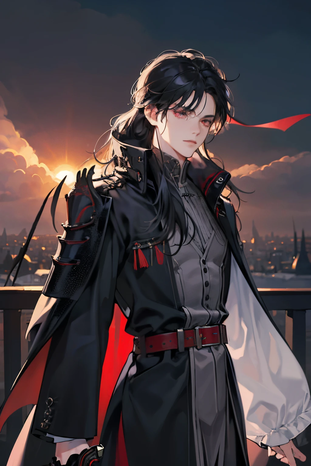 best quality, (RAW photo:1.2), (masterpiece:1.4), (highres:1.4), depth of field, intricately detailed, 8k, extremely detailed, perfect lighting, epic background, solo, super fine photo, portrait digital art Unreal Engine 5 8K UHD of a man, concept art, character concept design, wearing black long leather coat with white shirt, right arm armor, black boots, long half black white hair, red devil eyes, sword on the back, demonic energy covered his whole body, fantasy fashion design, walking in destroyed town, best quality, masterpiece, super detailed, sharp focus, female pose
