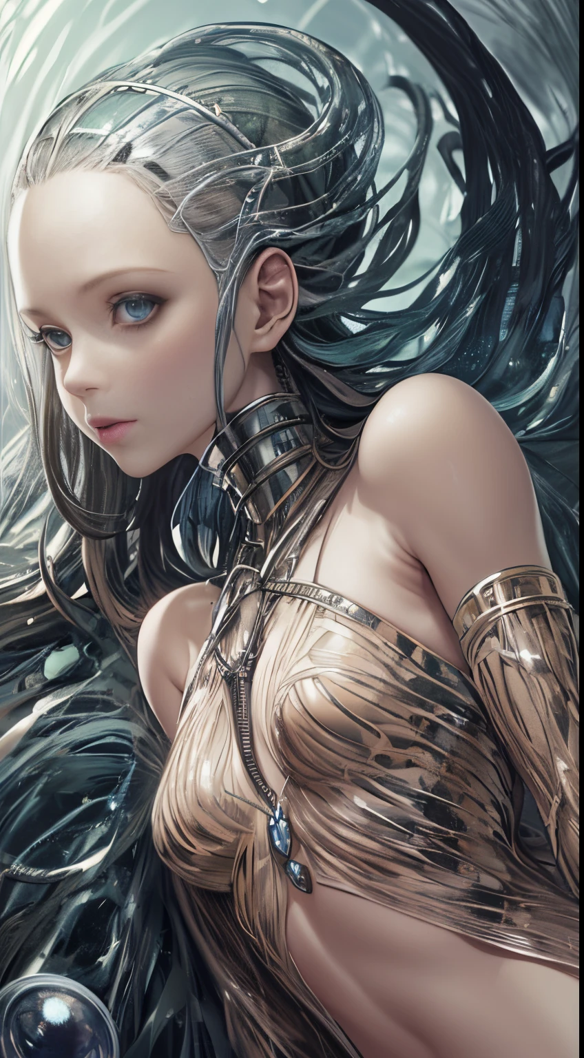 photo realistic anime style best quality possible, alien master piece naked woman, large completely black and gelatinous eyes, small reddish lips, slightly disproportionate head, very straight silver hair, thin neck, perfect and tiny firm nude breasts, large and hard brown nipples, thin, bare vagina showing, legs thin, thin arms, four fingers on the hands and feet, slightly grayish skin, technological anklet, technological choker, bracelets on the wrists, environment: lying on a holographic stretcher, around glowing futuristic devices, you are inside a UFO, a holographic window shows planet Earth, the ship is in orbit.