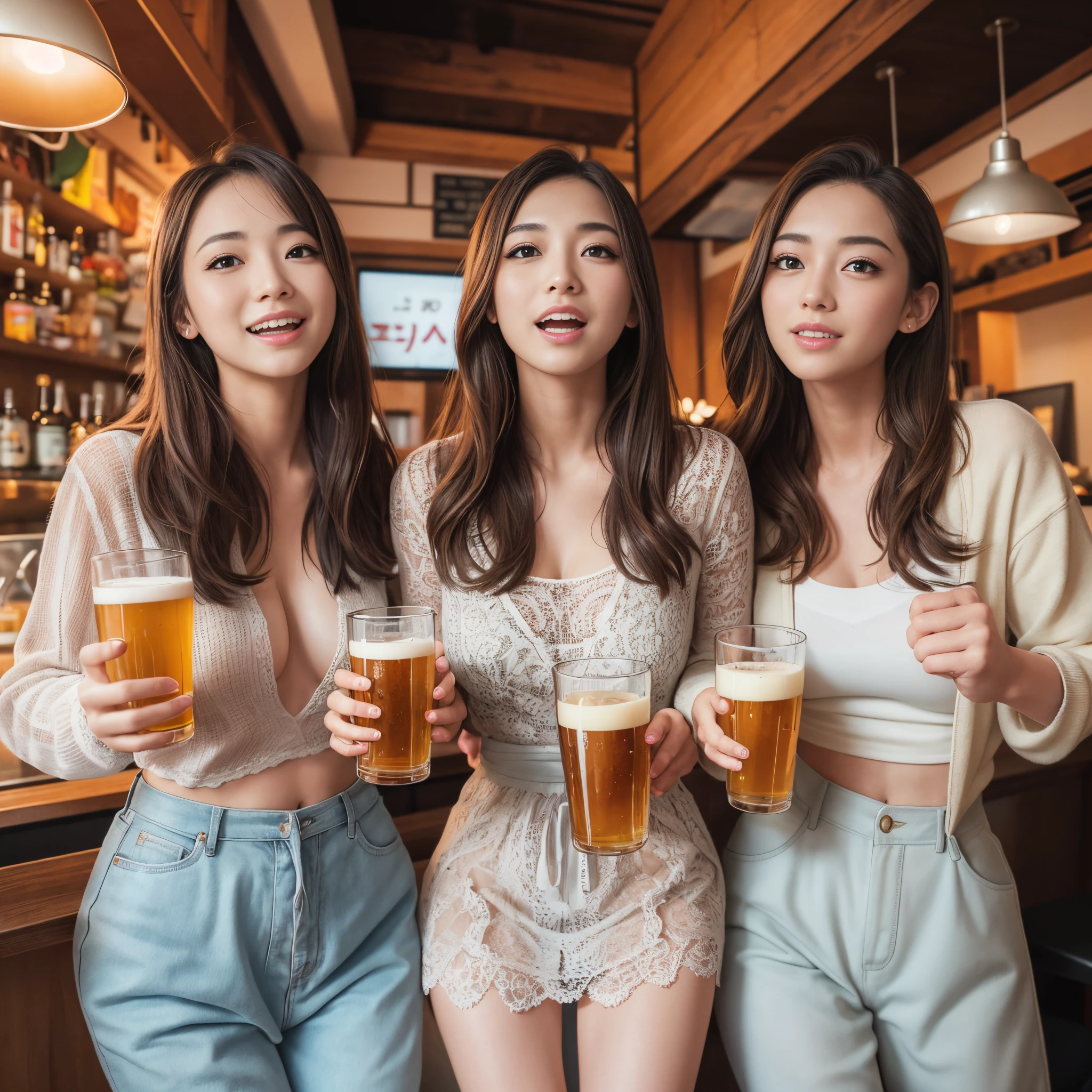(Raw photo:1.2), (Photorealistic), Beautiful detailed girl, Very detailed eyes and face, Beautiful detailed eyes, Huge file size, High resolution, Very detailed, Best Quality, [masutepiece:1.6], Illustration, Very detailed, Fine detail, Best Quality, 8K Wallpaper, Movie Lighting,Three Japan high school girls,Fashionable tavern, stand up and make a fuss, Drunk,  Happy look, Have a glass of beer, Slim body, Young Face, Smaller chest, Immature body, chum, Girls' Club