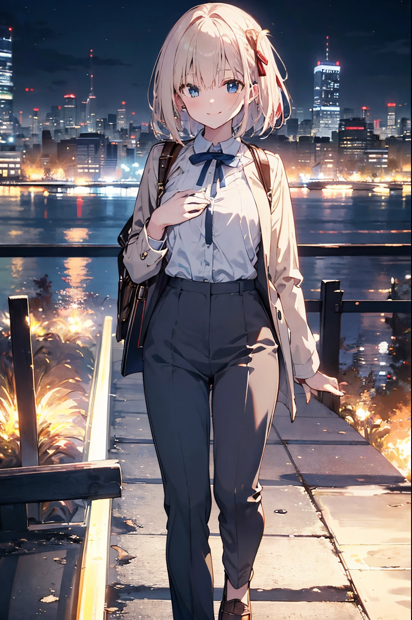 （Girl with a nasty appearance:1.3）、(Night time:1.5)、(and ?????:1.4)、Raw photography, top-quality, hight resolution, (​masterpiece), (Photorealsitic:1.4), (Mole under the eyes),Anime , foco nítido, nffsw, 8K分辨率, intricate detailes, depth of fields, the Extremely Detailed CG Unity 8K Wallpapers, front lit, femele,25-years old、 Happy face,Smiling、Bangs covering one eye、(tying  hair:1.5)、(Medium Showtrain Bo Hair)、(Casual Suit)、blue eyess,(Downtown at night:1.5)、(Walk:1.3)、(Full body depiction)、cell phone、(Have a can of beer:1.2)、shining world、illumination winter