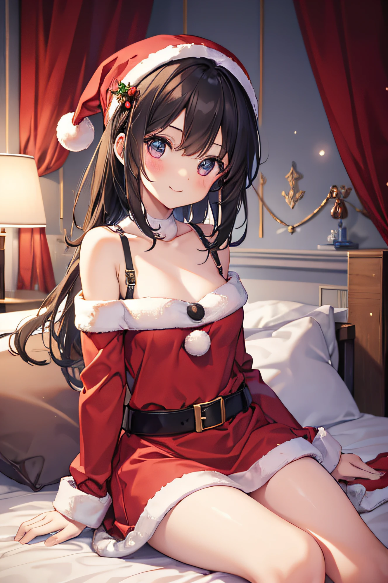 beautiful Girl santa natta a bed smil A dark-haired
