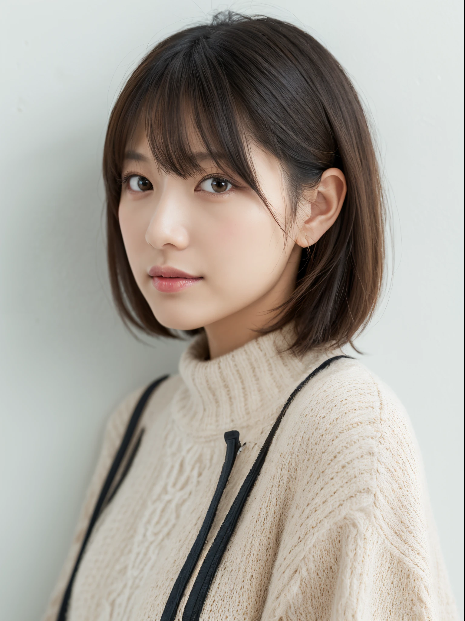 Top quality, hight resolution, Japanese, 1 beautiful woman,
skinny hair, thin hair, Thin Bangs, very short hair, short haircut, buzz cut hair,
age 38, Detailed skin, natural looking makeup, thick eyeshadow, extremally thin eyebrows, Highlighted eyes with eyeliner,
chuckle,
long-sleeve, Layer of clothes, natural clothes, Wide-leg pants, White clothes, Standing,
BREAK,
looking at viewer, from side, fully body photo, Studio Soft Light, catch light, simple background, White Room, Only the wall, White background