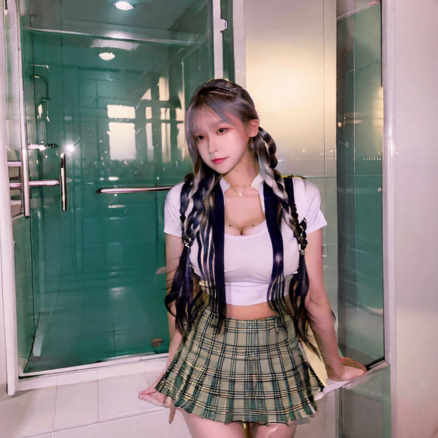 A high school girl peeing in the toilet in a skirt。Big breasts preferred